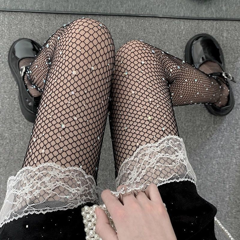 AliExpress European and American Sexy Fishnet Stockings with Rhinestones, Fishnet Tights with Rhinestones, Mesh Small Mesh Pantyhose, Slimming Effect