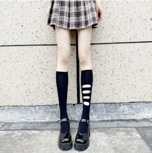 Asymmetric Ripped Socks for Women ins Trendy Internet Celebrity Street Style ins Trendy Mid-Calf Socks JK Black Stockings Calf Socks AB Socks