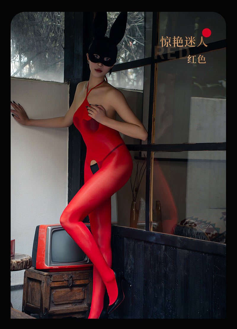 5D Glossy Stockings Bodysuit Sexy See-through Smooth Halter Neck Tie Shaping Bodysuit Open Crotch Temptation Lingerie