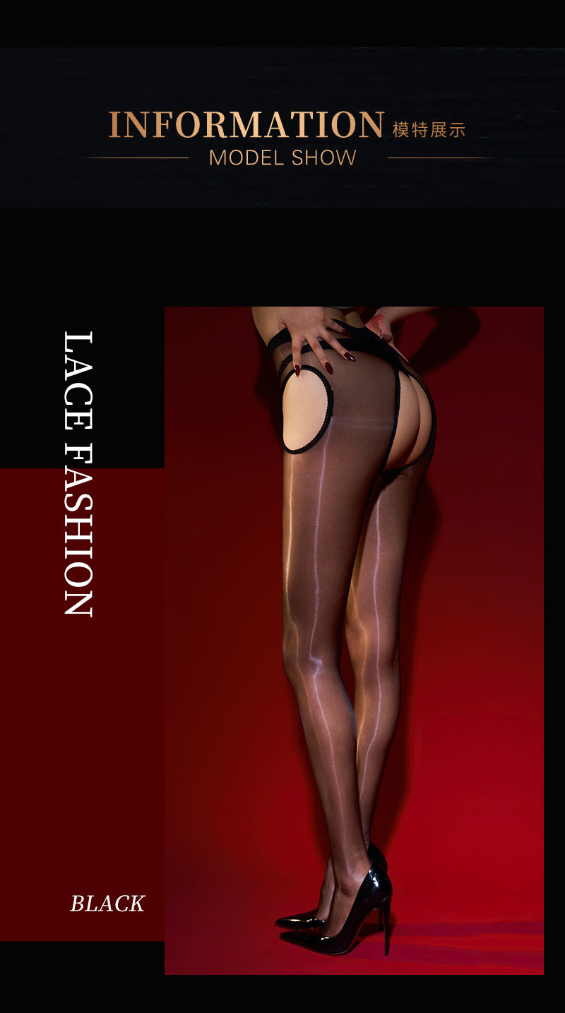 0D Sexy Aurora Stockings for Women, Glossy Ultra-Thin Transparent Four-Sided Crotch-Free Pantyhose, Sexy Black Hollow Stockings