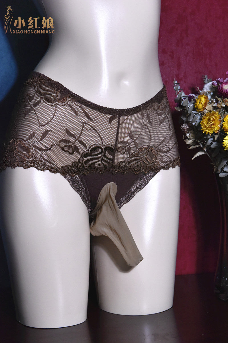 Little Matchmaker Japanese Style jj Men's Sexy Panties with Stockings, Ultra-thin Soft Lace Boxer Briefs