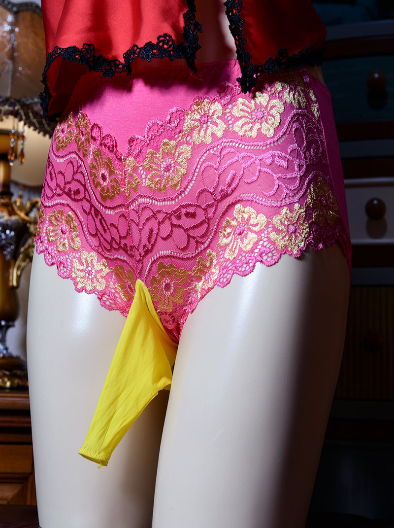 Little Matchmaker Sexy Lace Underwear for Men Pure Desire Boys Mid-Waist Open Crotch Pouch Separate Large Size Couple Stockings Underwear