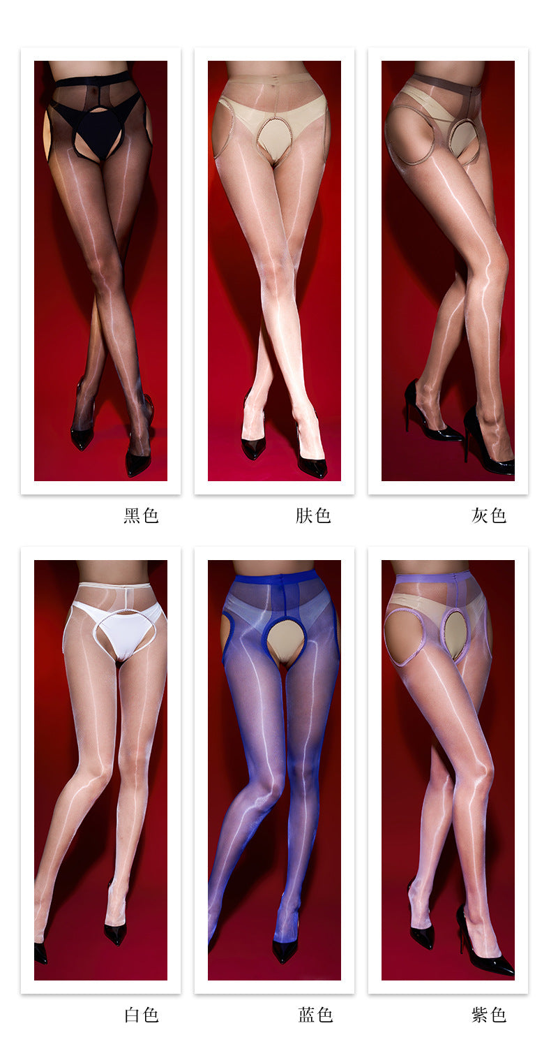 0D Sexy Aurora Stockings for Women, Glossy Ultra-Thin Transparent Four-Sided Crotch-Free Pantyhose, Sexy Black Hollow Stockings