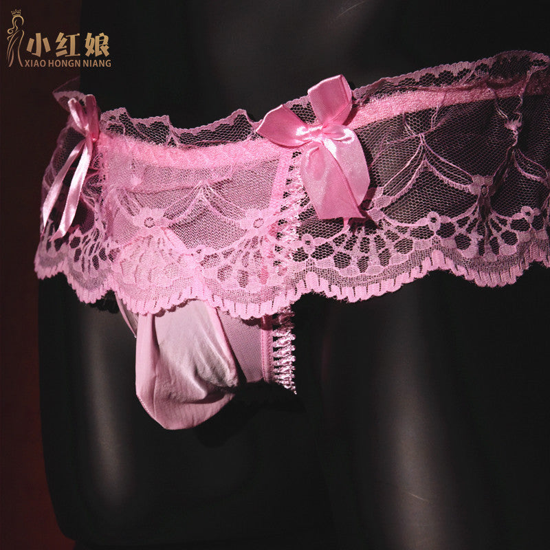 Men's Sexy Thong Lace Strap Underwear Ultra-thin Transparent Low-rise Transvestite Erotic Underwear Airplane jj Set