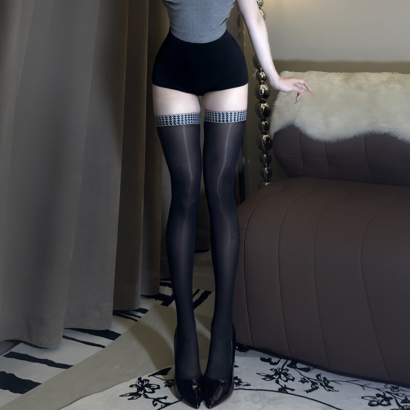 8D Horse Oil Plaid Garter Stockings Sexy Shiny Long Black Silk Ultra-Thin Thigh High Stockings for Women