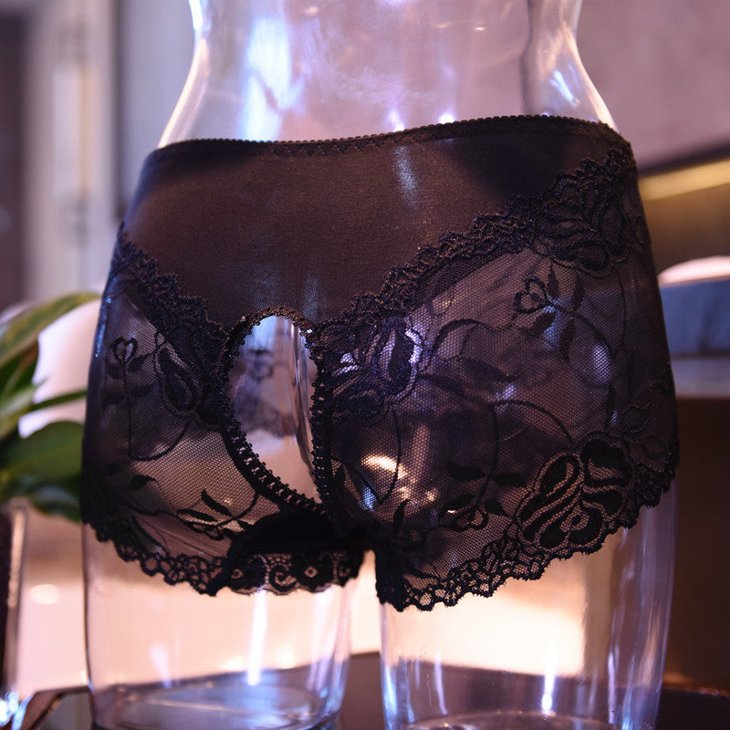 Men's Lace Sexy Underwear Men's Boxer Briefs Breathable Thin Sexy Open Crotch jj Set of Youth Boxer Shorts for Summer