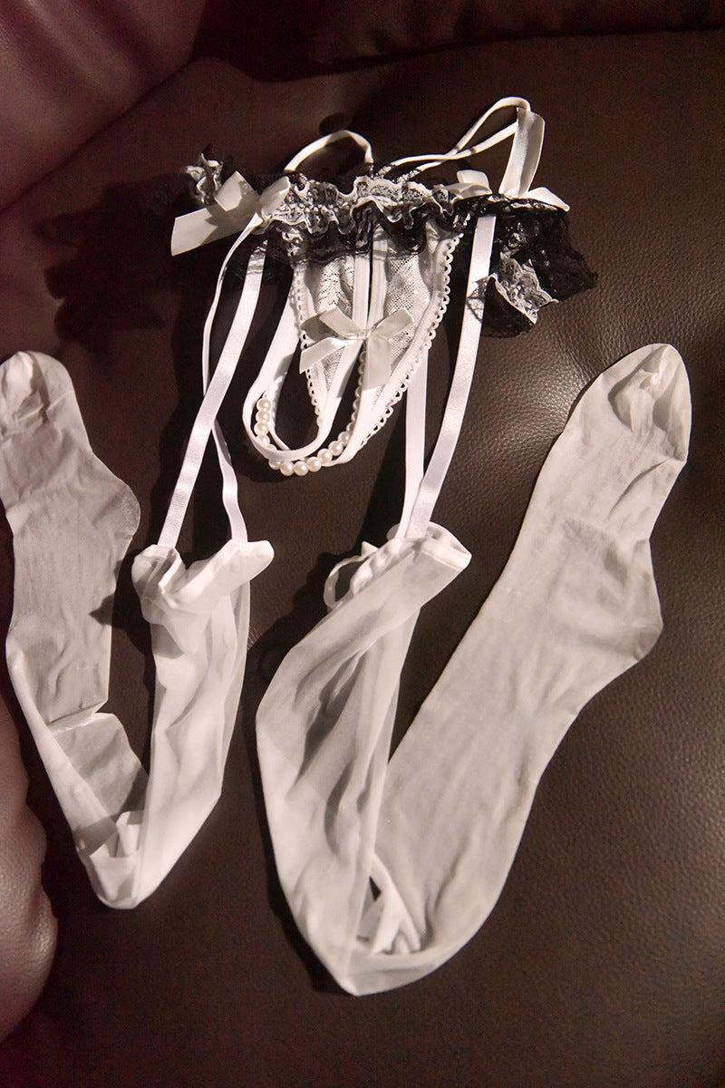 Little Matchmaker Pearl Garter Stockings One-piece Lace Open Crotch Garter Stockings Long Tube Over-the-knee Socks Sexy Ultra-thin Black Silk