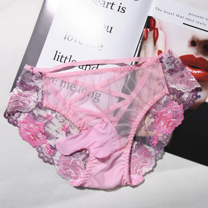 Men's Sexy Lace Embroidered Underwear Stockings Shorts Sexy jj Breathable Plus Size Triangle Briefs with Egg Covering and Airplane Pants