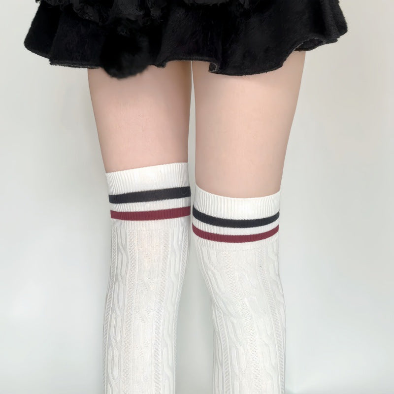 Academy Style Long Tube Socks Women's Two-Stripe Braided Pile Socks Japanese and Korean Striped Long Tube Over-the-Knee Socks