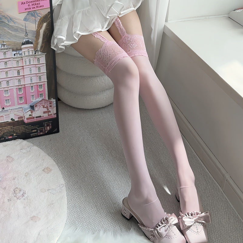 8D Sexy Horse Oil Strap One-piece Stockings Pure Desire Stockings Women's High Tube Thigh Stockings Pink Ultra-thin Lace Stockings Strap