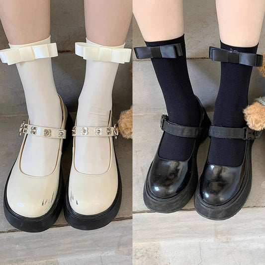Autumn New Japanese Style Versatile Velvet Short Socks Milk White One-Word Bow Sweet Girl Mid-Calf Pile Socks Thin