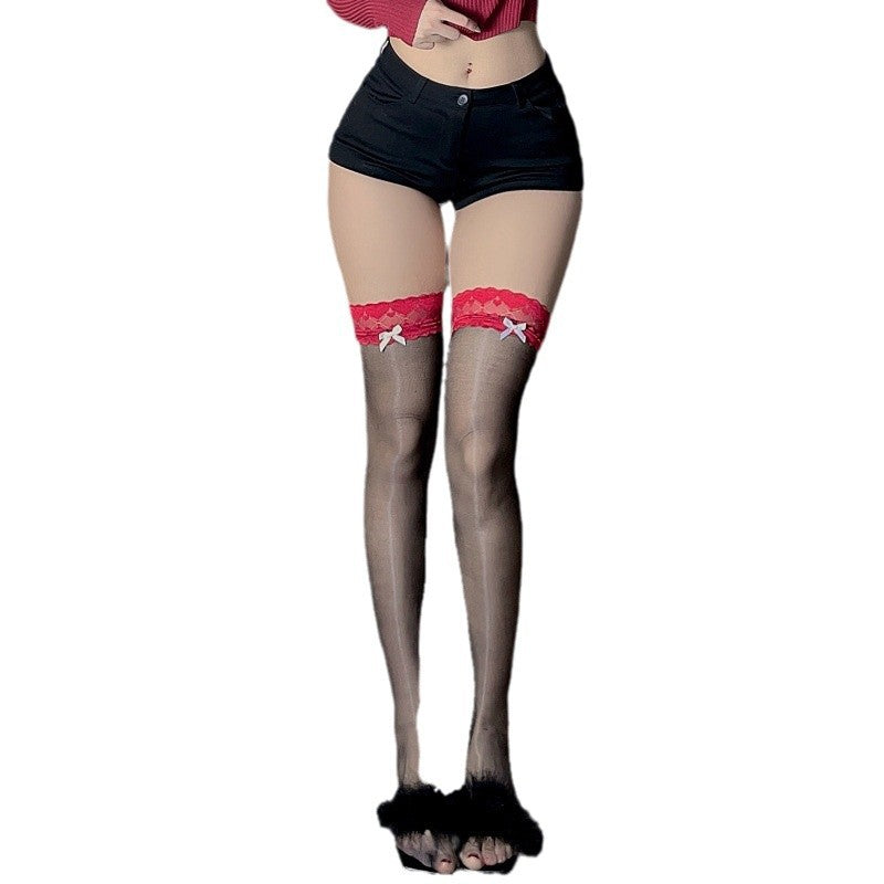 Aurora Over-the-Knee Socks Glossy Silky Sexy Long Stockings Lace Bow High Stockings Red Black Silk Color-Block