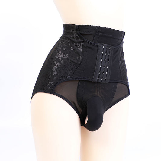 Men's Waist Slimming Pants jj Sexy Thin High-Waisted Mesh Lace Triangle Shaping Underwear with Waist Cinching