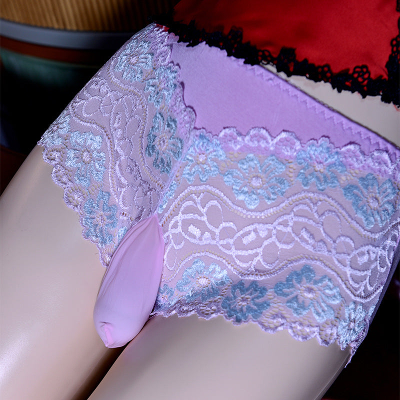 Little Matchmaker Sexy Lace Underwear for Men Pure Desire Boys Mid-Waist Open Crotch Pouch Separate Large Size Couple Stockings Underwear