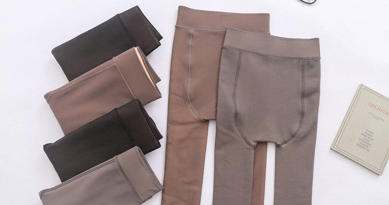 Autumn and Winter New Style Flight Attendant Gray Leggings Fake Sheer Fleece-Lined Thickened Women's High-Waisted One-Piece Pantyhose True Skin-Translucent Tights