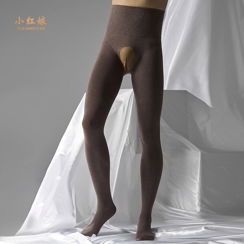 Autumn and Winter Men's Fleece-Lined Thermal Tights High Waist Tummy Control Vertical Opening Tight Sexy Thickened Stockings Leggings