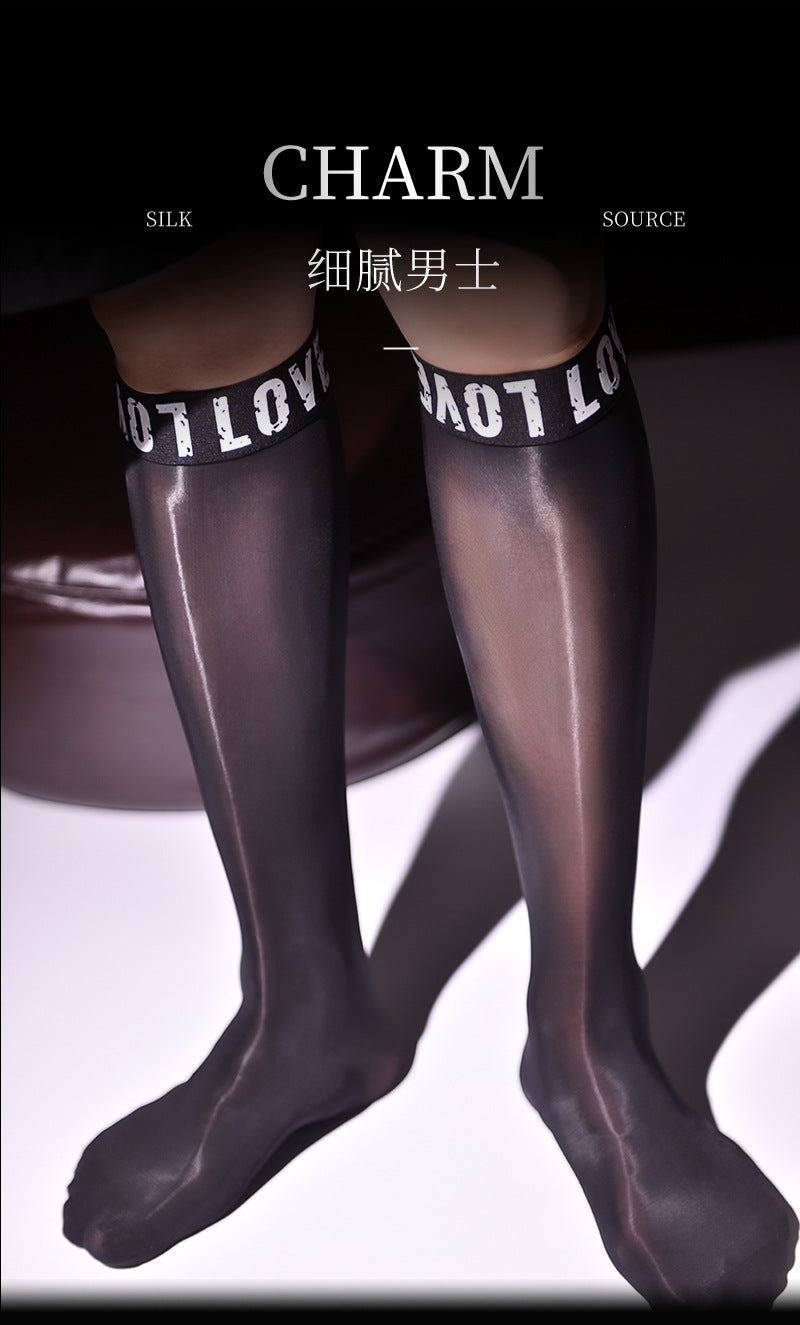 Little Red Matchmaker Men's Letter Breathable Formal Stockings Mirror Mid-Calf Socks Silky Glossy Black Silk Business Footless