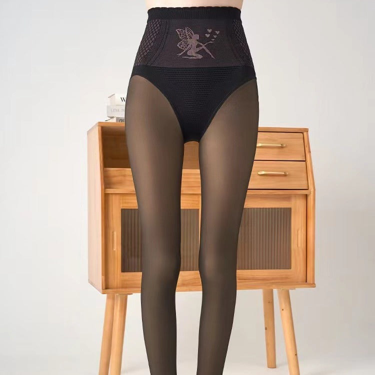 Autumn and Winter New Flower Fairy Black Silk Glossy High Waist Belly Contracting Butt-lifting Women's One-piece Fleece-lined Outerwear Leggings