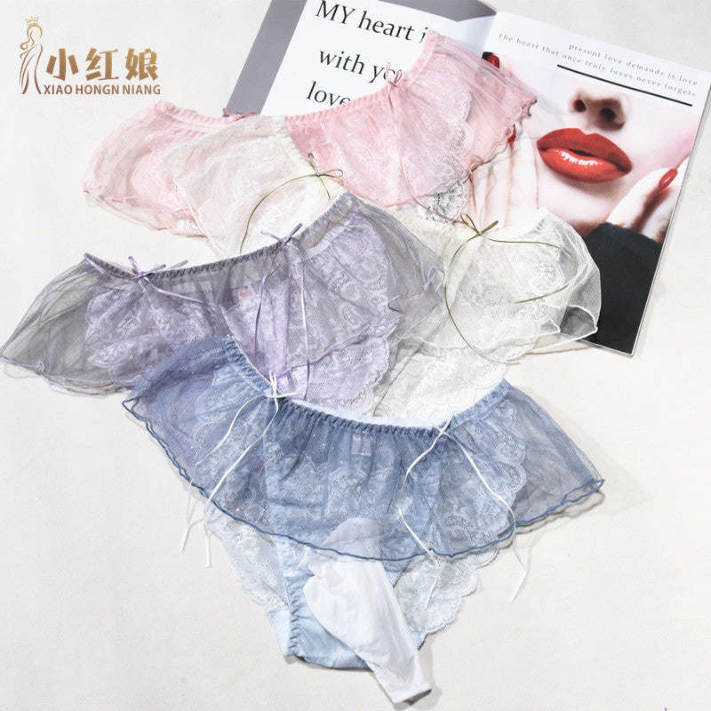 Ice Silk Feel Men's Triangle Underwear Transparent Sexy Breathable Thong Summer Japanese Style Lace Underwear