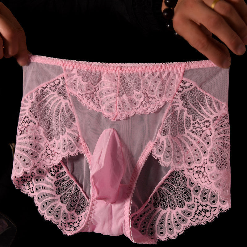 Men's Lace Thong Underwear Fully Transparent Delicate Sexy Fun Plus Size Lace Low Waist Triangle Breathable