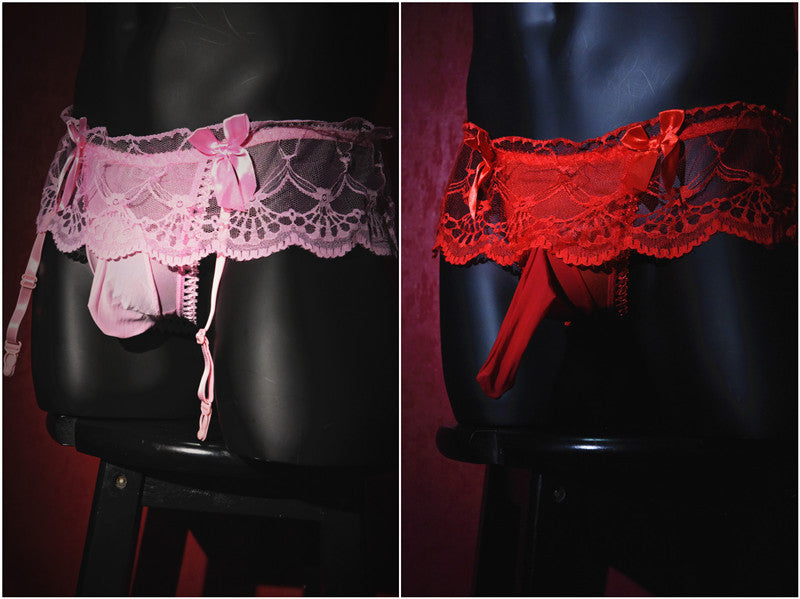 Men's Sexy Thong Lace Strap Underwear Ultra-thin Transparent Low-rise Transvestite Erotic Underwear Airplane jj Set