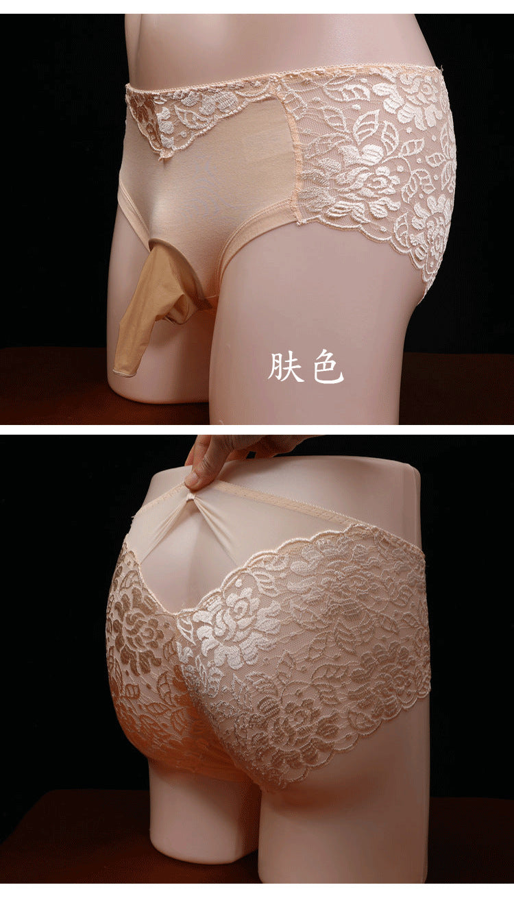 Men's Lace Underwear Sexy Strap jj Set of Stockings and Panties Ultra-thin Breathable Summer Fully Transparent Sexy Triangle Panties