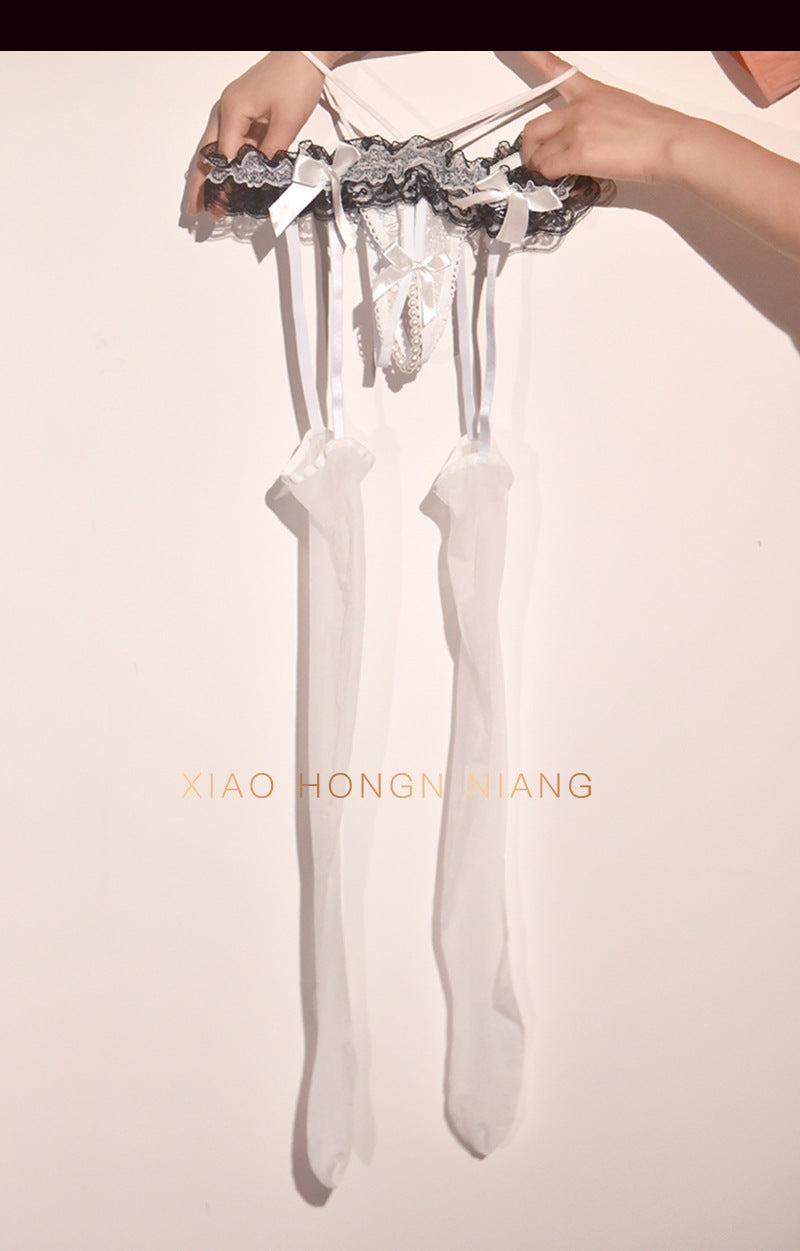 Little Matchmaker Pearl Garter Stockings One-piece Lace Open Crotch Garter Stockings Long Tube Over-the-knee Socks Sexy Ultra-thin Black Silk