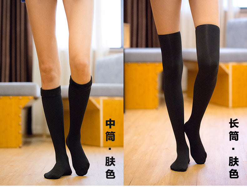 Autumn and Winter Fleece-Lined Thickened Warm Mid-Calf Socks Knee-High Black and Skin Color Long Socks Thickened