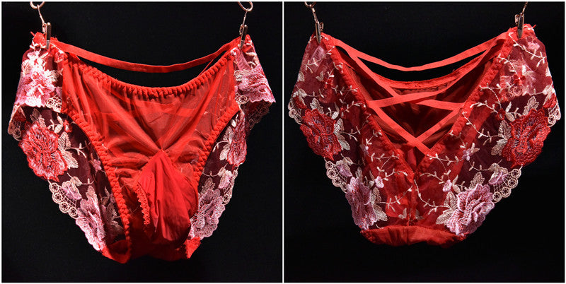 Men's Sexy Lace Embroidered Underwear Stockings Shorts Sexy jj Breathable Plus Size Triangle Briefs with Egg Covering and Airplane Pants