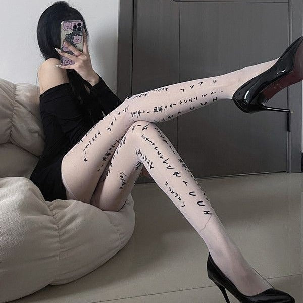 Autumn Japanese Style Letter Dark Sexy Slimming Black Stockings Trendy Letter Thin Pantyhose Women's Printed Stockings