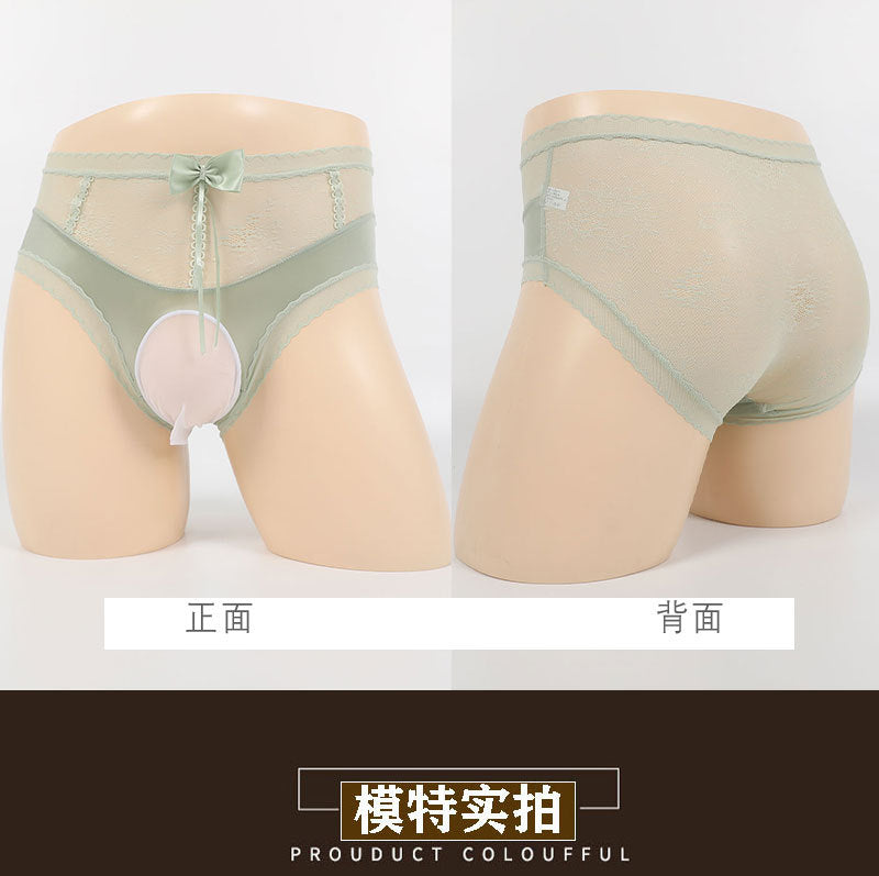 Sexy Men's Lace Briefs jj One-piece Large Size Sexy High Waist Bowknot Underwear Silky Underwear for Men