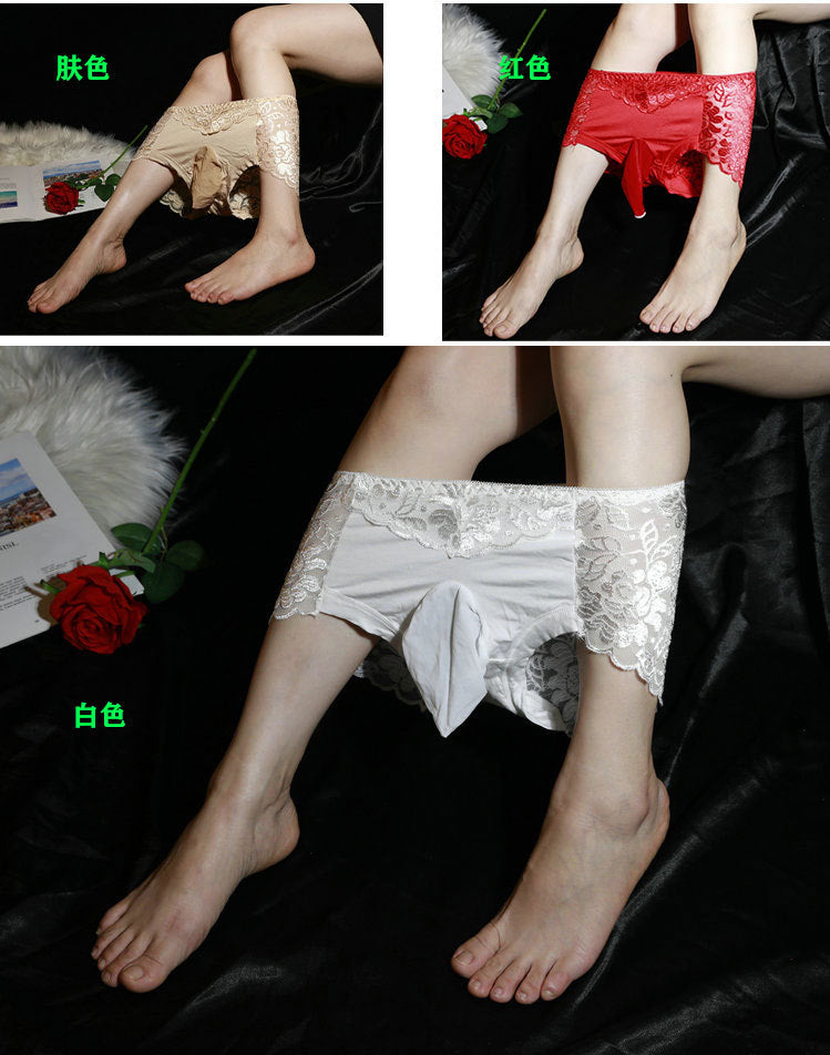 European and American Men's Lace Thong Underwear Sexy Lace Sequin Lingerie jj Set of Large Size Men's Low Waist Briefs