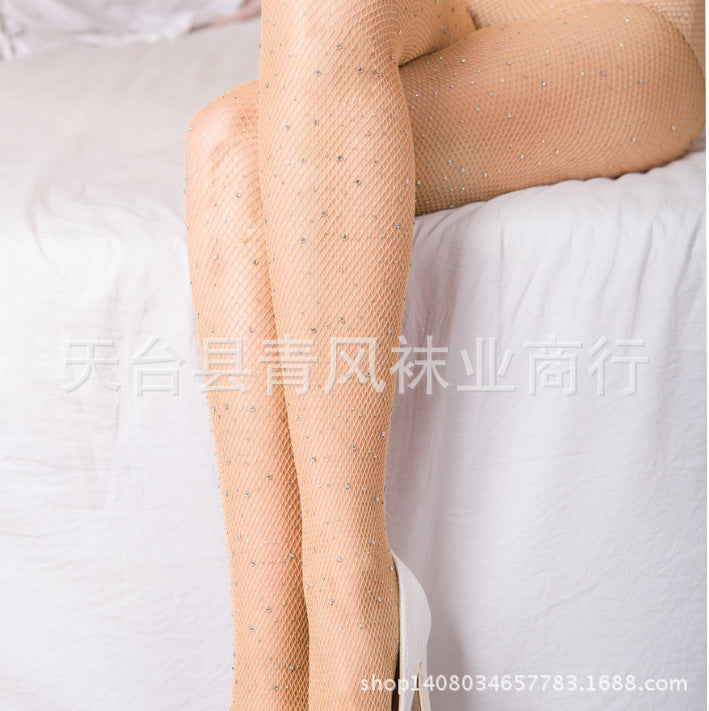 AliExpress European and American Sexy Fishnet Stockings with Rhinestones Mesh Stockings Fishnet Stockings with Rhinestones Small Mesh Pantyhose