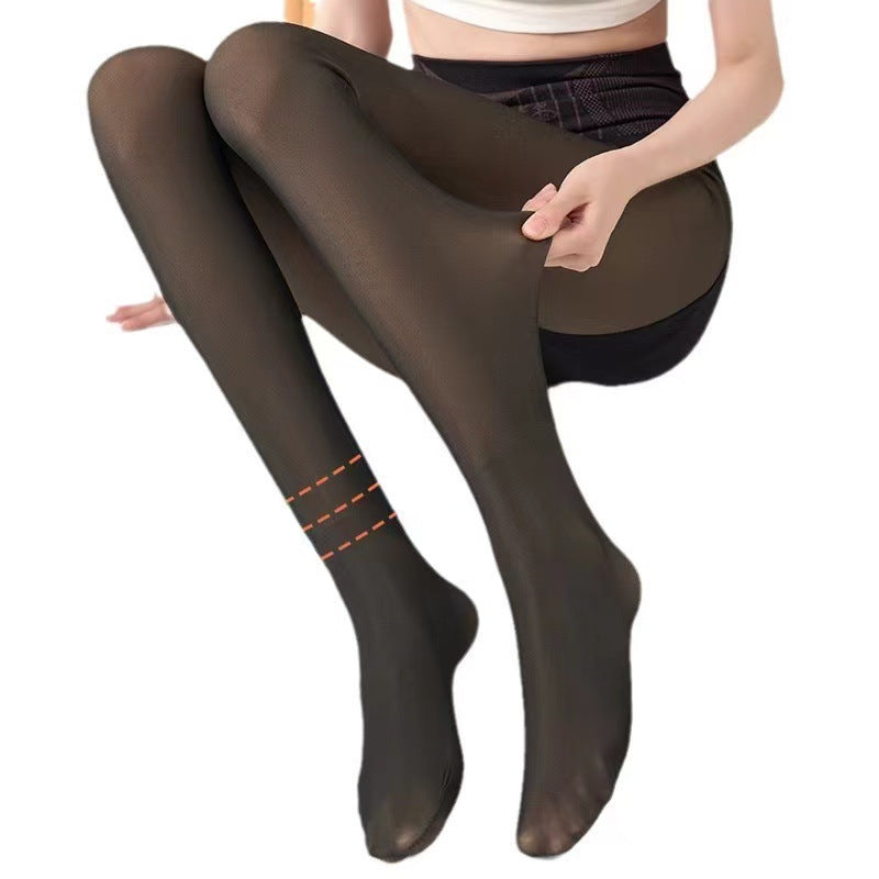 Autumn and Winter New Flower Fairy Black Silk Glossy High Waist Belly Contracting Butt-lifting Women's One-piece Fleece-lined Outerwear Leggings