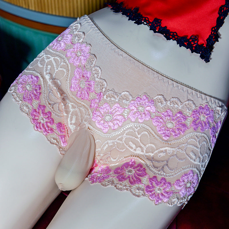 Little Matchmaker Sexy Lace Underwear for Men Pure Desire Boys Mid-Waist Open Crotch Pouch Separate Large Size Couple Stockings Underwear