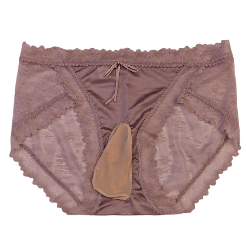 Little Red Ribbon Silky Men's Sexy Lace Underwear Satin Soft Ultra-thin Plus Size Pure Desire Sexy jj Briefs