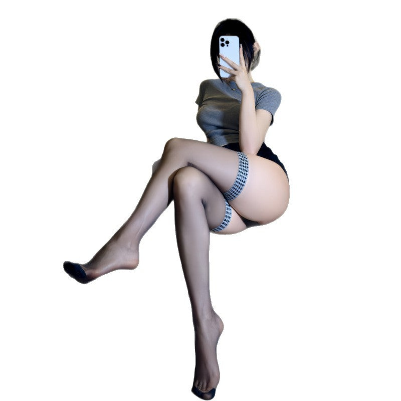 8D Horse Oil Plaid Garter Stockings Sexy Shiny Long Black Silk Ultra-Thin Thigh High Stockings for Women