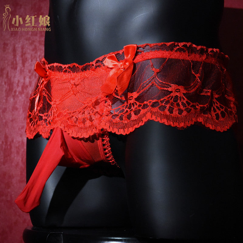 Men's Sexy Thong Lace Strap Underwear Ultra-thin Transparent Low-rise Transvestite Erotic Underwear Airplane jj Set