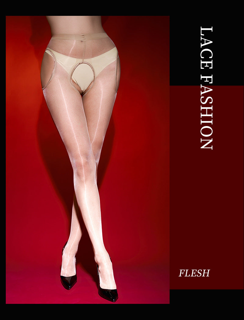 0D Sexy Aurora Stockings for Women, Glossy Ultra-Thin Transparent Four-Sided Crotch-Free Pantyhose, Sexy Black Hollow Stockings