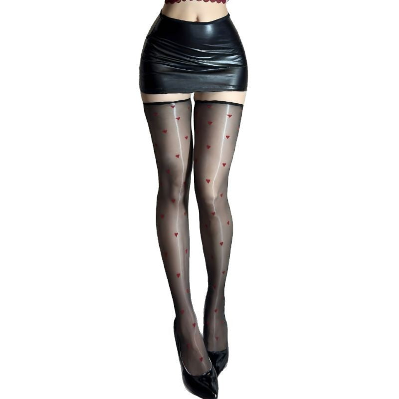 Aurora Shiny Smooth Sexy Heart Stockings Women's Thin Black Silk Pure Desire Over-the-Knee Socks Red Heart Glossy Thigh Socks