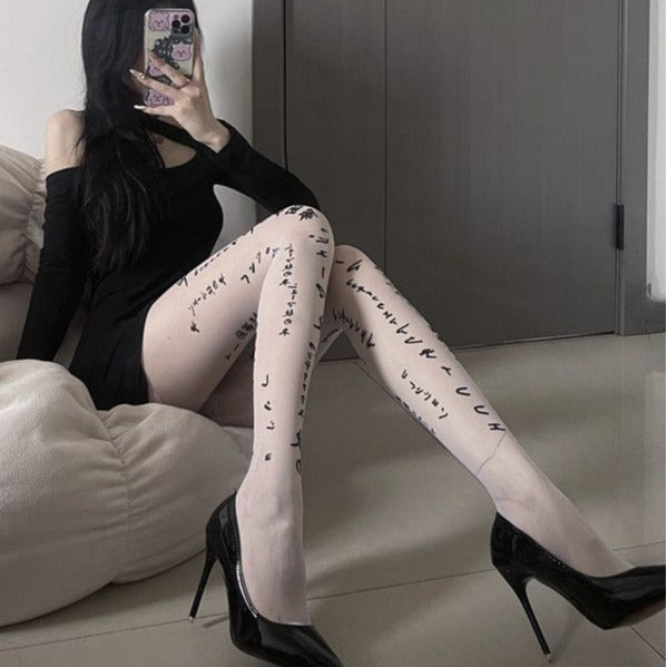 Autumn Japanese Style Letter Dark Sexy Slimming Black Stockings Trendy Letter Thin Pantyhose Women's Printed Stockings