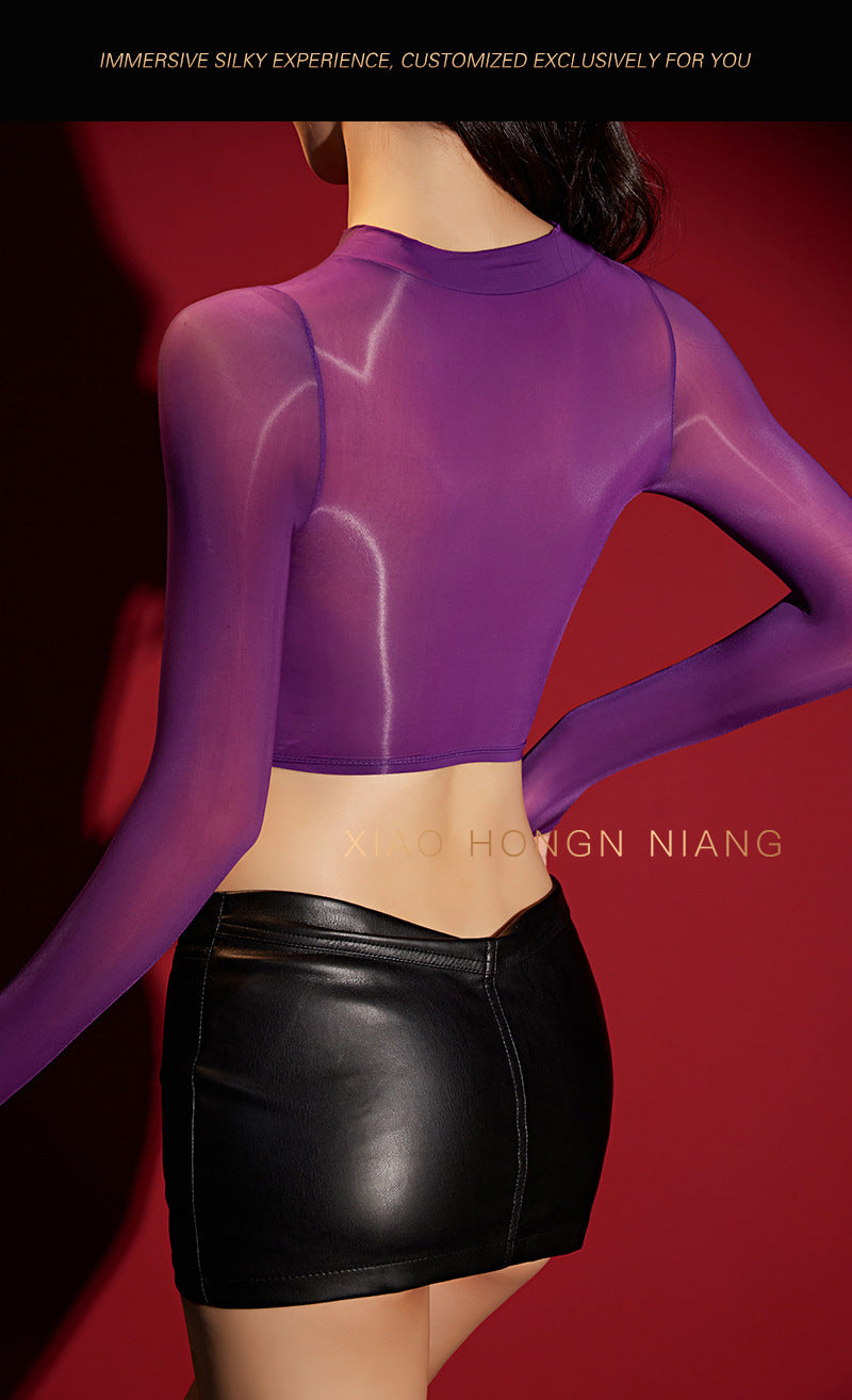 XHN Pure Desire Hot Girl Top Slim Fit Short Stockings Underwear Glossy Silky Bodysuit Grape Purple Short Top