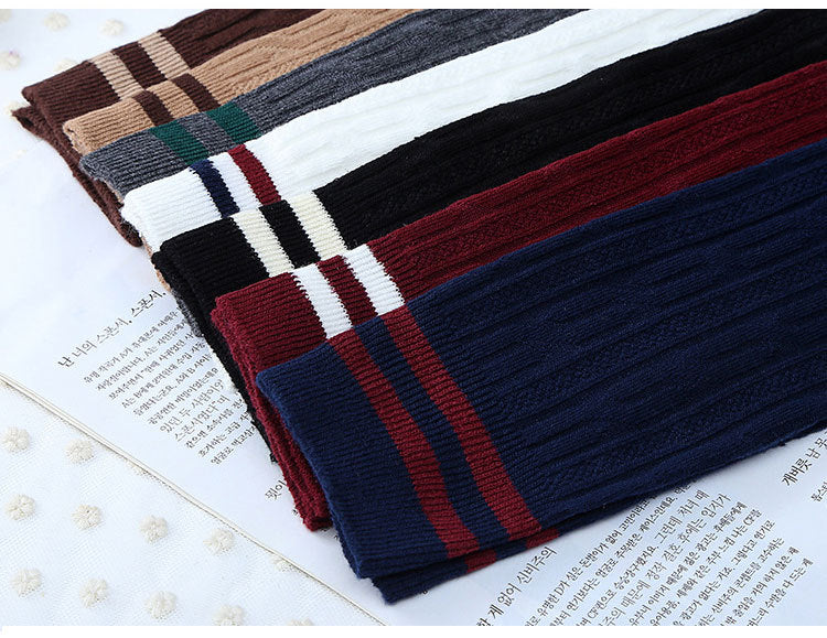 Academy Style Long Tube Socks Women's Two-Stripe Braided Pile Socks Japanese and Korean Striped Long Tube Over-the-Knee Socks