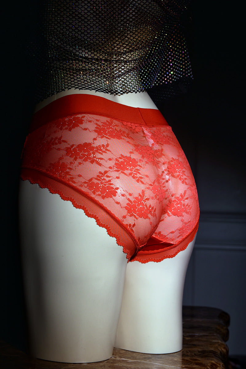 Silky Men's Sexy Lace Underwear Satin Soft Ultra-thin Lace Plus Size Pure Desire Sexy jj Briefs