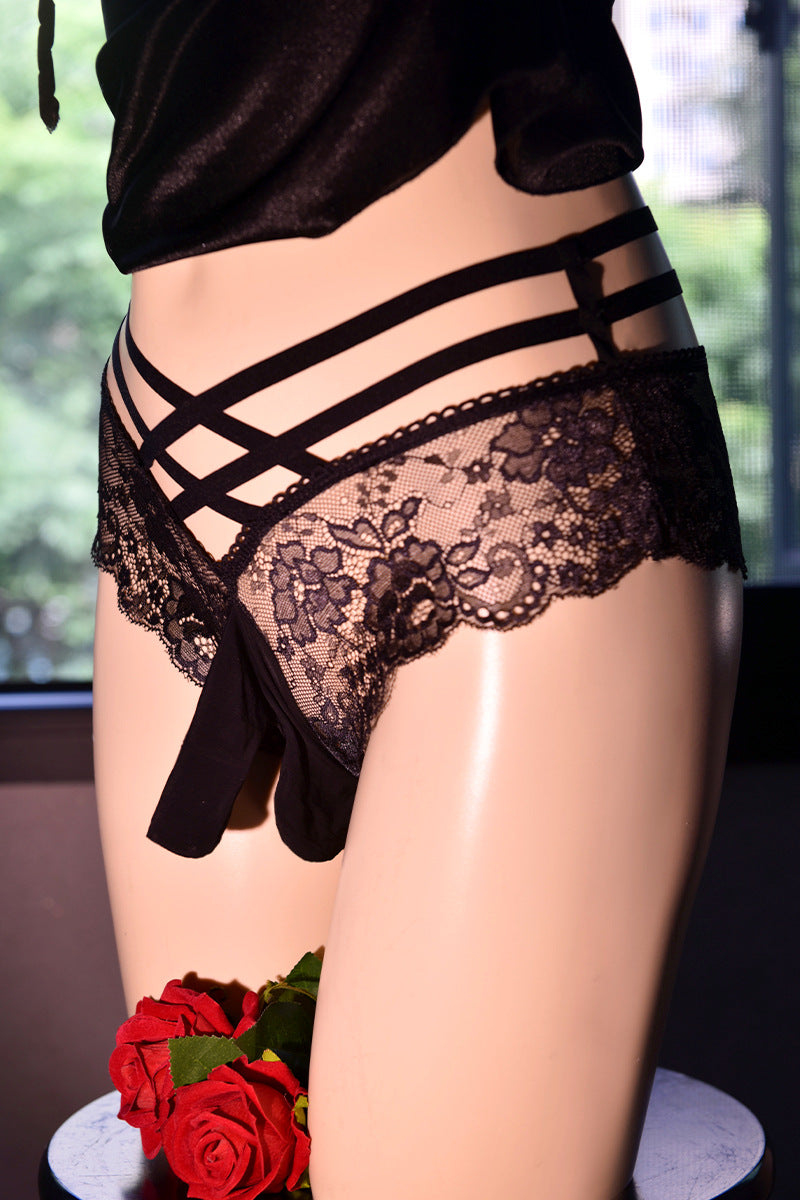 Little Matchmaker Japanese Style Lace-up Sexy Lace Stockings jj Underwear Pure Desire Cross Low Waist Large Size Sexy Triangle Underwear Men