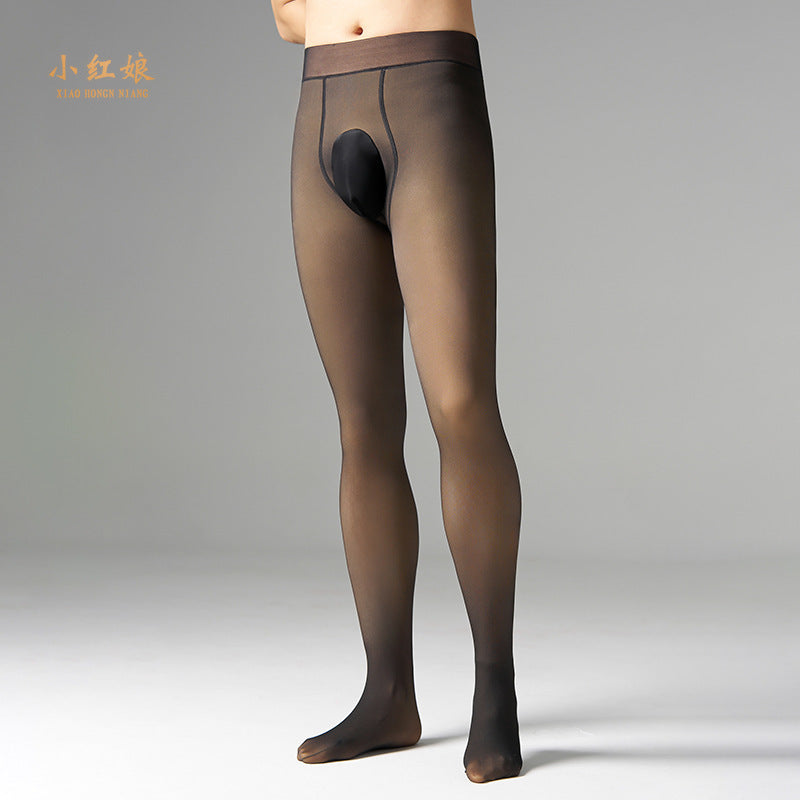Autumn Winter Men Sexy Leggings Fake See Through Fleece Lined Warm Pantyhose Gray Skin Color One Piece Plus Size Bare Leg Artifact