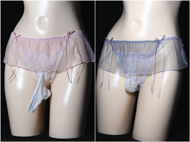 Ice Silk Feel Men's Triangle Underwear Transparent Sexy Breathable Thong Summer Japanese Style Lace Underwear