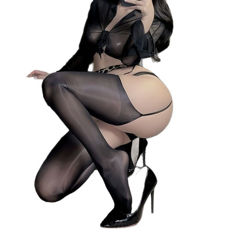 8D Sexy Leopard Print Side Suspender Stockings One-piece Spliced Horse Oil Over-the-Knee Socks