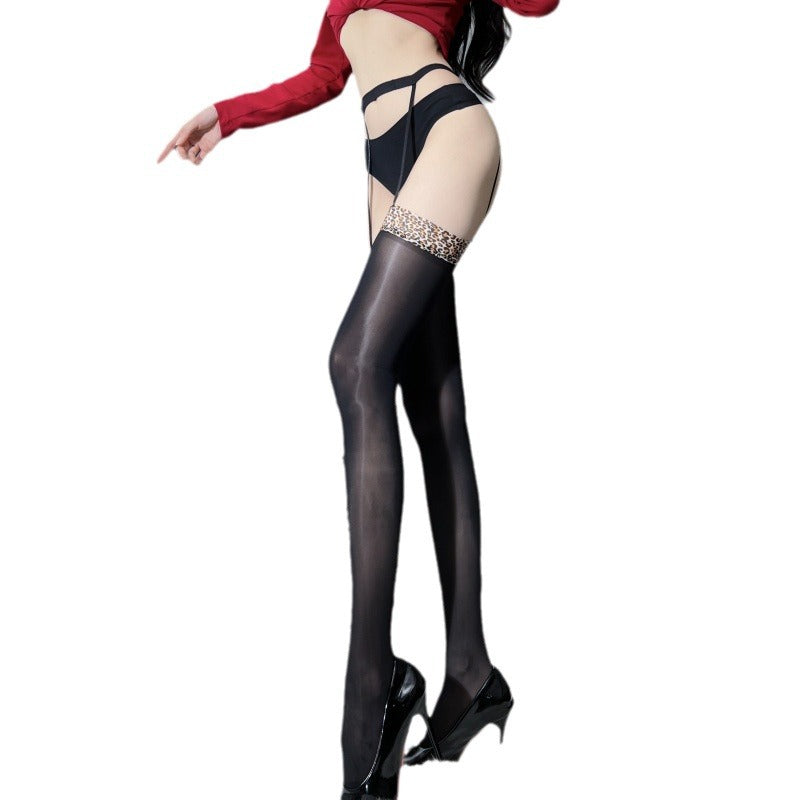 0D Shiny Leopard Print Garter Stockings Black Silk Stockings Sexy Over-the-Knee Pure Desire Long Tube Aurora Thigh Women's Stockings Horse Oil Stockings