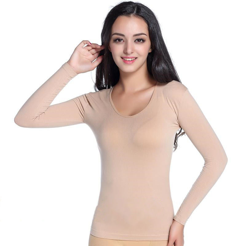 Autumn Winter Nude Dancewear Fleece Lined Long Sleeve Women's Tight Performance Costume Thickened Skin Color Performance Base Shirt Skin Color Underwear